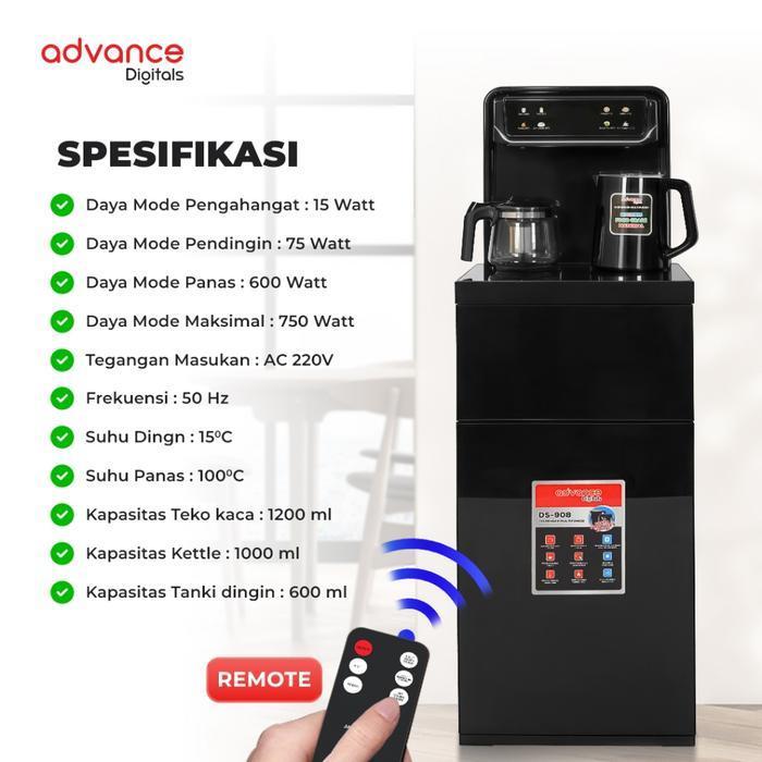 Advance Digitals DS-908 Water Dispenser Air Galon Bawah 3in1 Hot Cool Fresh Paylater Daya Maksimal 600 Watt Garansi Resmi 1 Tahun Free Ketel dan Teko Kaca