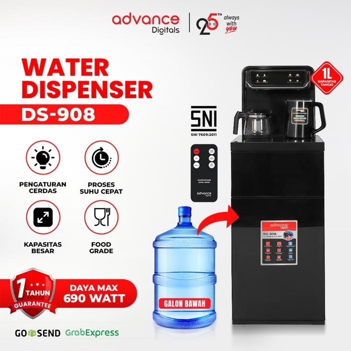 Advance Digitals DS-908 Water Dispenser Air Galon Bawah 3in1 Hot Cool Fresh Paylater Daya Maksimal 600 Watt Garansi Resmi 1 Tahun Free Ketel dan Teko Kaca