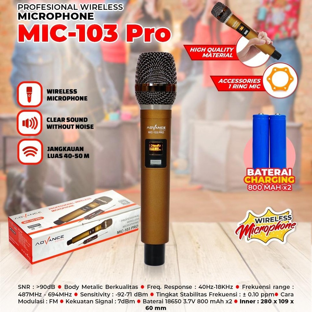 Advance Digitals Mic-103 Pro Microphone Wireless Single Recharger Led Mikrofon Garansi 12 bulan 