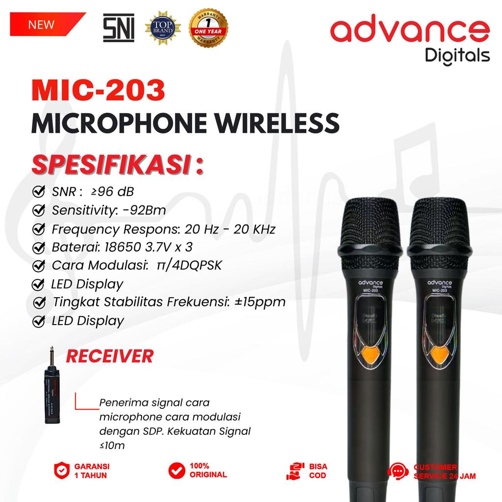 Advance Digitals Mic-203 Mikrofon Tanpa Kabel Isi 2 Mic Wireless Mic Volume Baterai 600mAh Garansi 12 Bulan