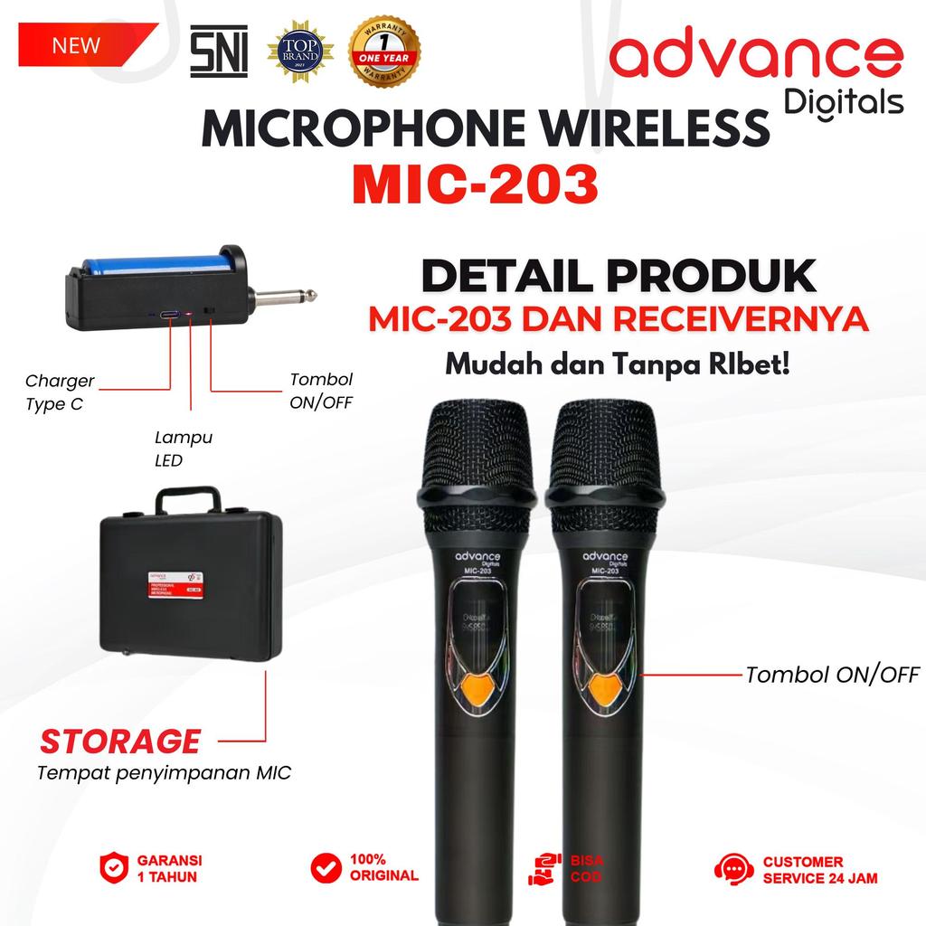 Advance Digitals Mic-203 Mikrofon Tanpa Kabel Isi 2 Mic Wireless Mic Volume Baterai 600mAh Garansi 12 Bulan