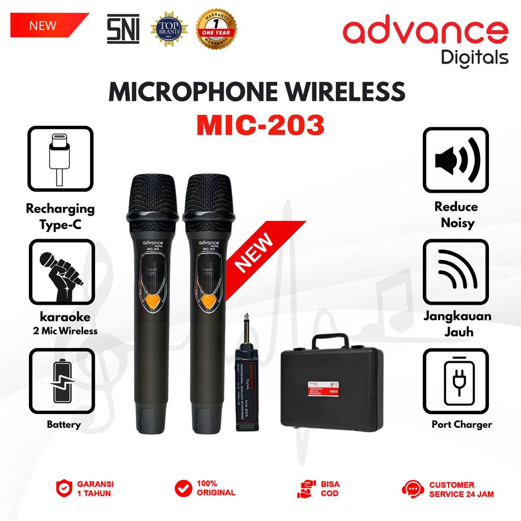 Advance Digitals Mic-203 Mikrofon Tanpa Kabel Isi 2 Mic Wireless Mic Volume Baterai 600mAh Garansi 12 Bulan