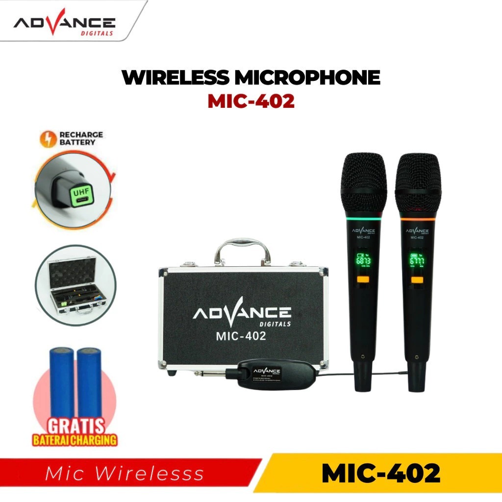 Advance Digitals MIC-402 Mic Double UHF Box Mic Alumunium Recharger Garansi Resmi 1 Tahun