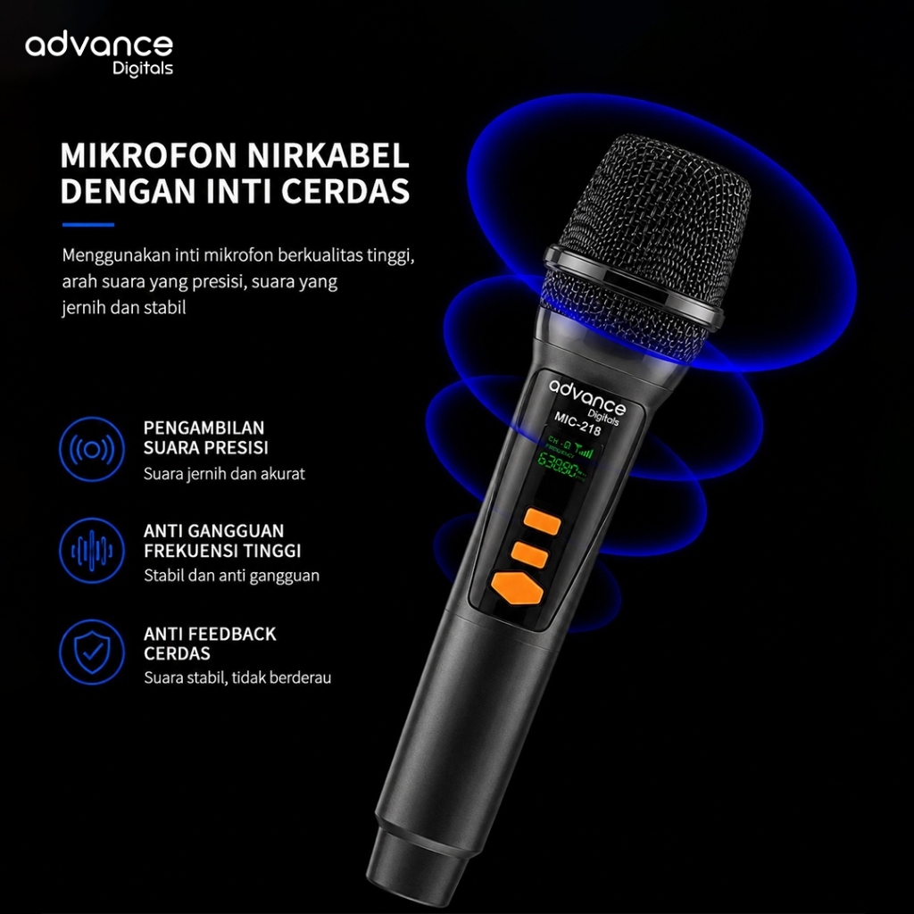 Advance Digitals Mic-218 Mikrofon Tanpa Kabel isi 2 Mic Wireless Mic Volume Baterai 600 mAh Garansi Resmi 12 Bulan