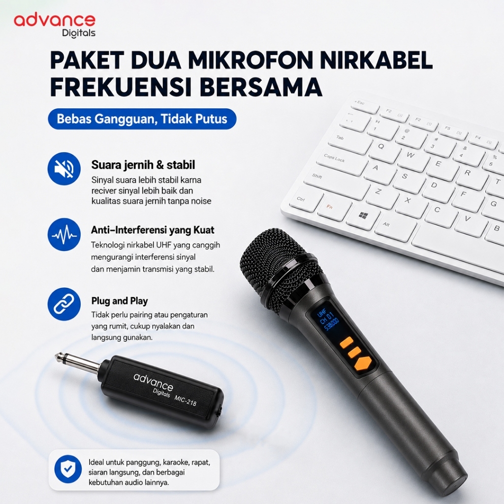 Advance Digitals Mic-218 Mikrofon Tanpa Kabel isi 2 Mic Wireless Mic Volume Baterai 600 mAh Garansi Resmi 12 Bulan