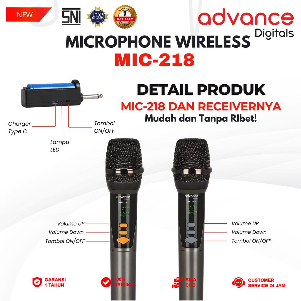 Advance Digitals Mic-218 Mikrofon Tanpa Kabel isi 2 Mic Wireless Mic Volume Baterai 600 mAh Garansi Resmi 12 Bulan