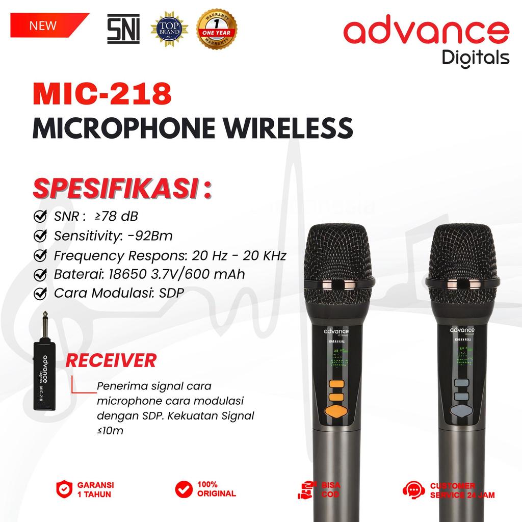 Advance Digitals Mic-218 Mikrofon Tanpa Kabel isi 2 Mic Wireless Mic Volume Baterai 600 mAh Garansi Resmi 12 Bulan