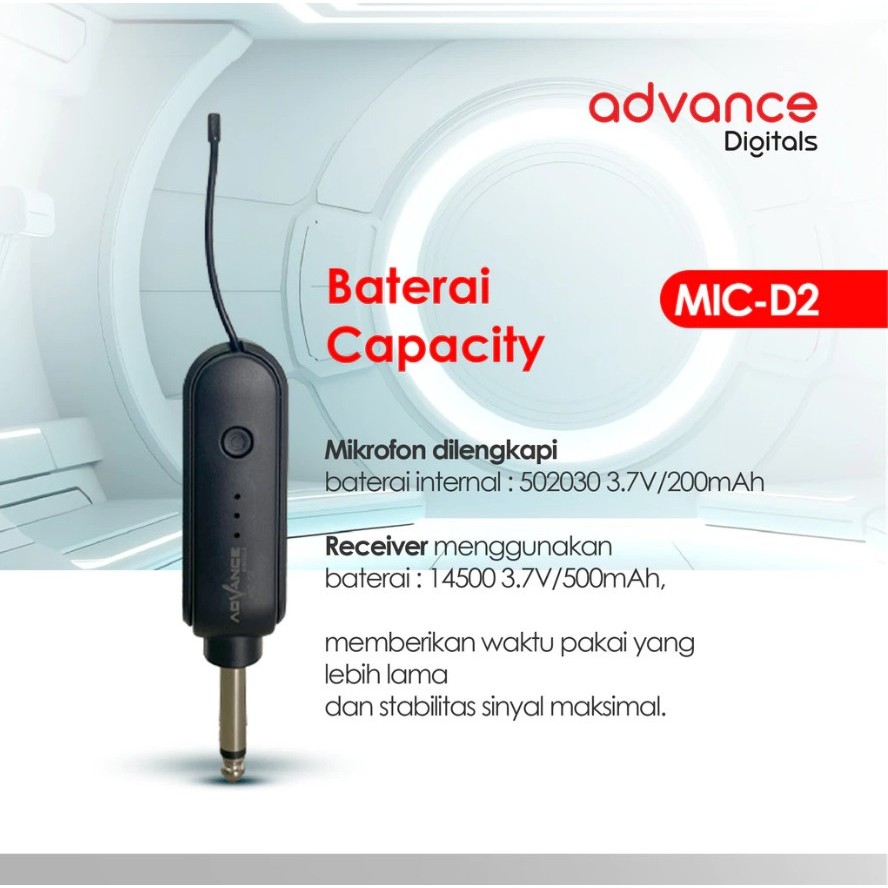 Advance Digitals MIC-D2  LED  Mic Wireless Mikrofon Clip On Garansi Resmi 1 Tahun Microphone