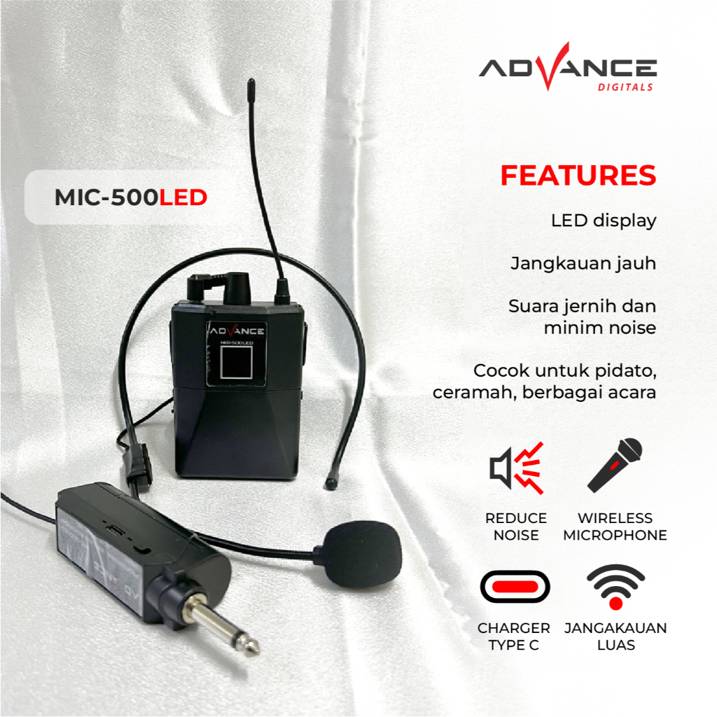 Advance Digitals MIC-500 LED  Mic Wireless Mikrofon Clip On Garansi Resmi 1 Tahun Microphone