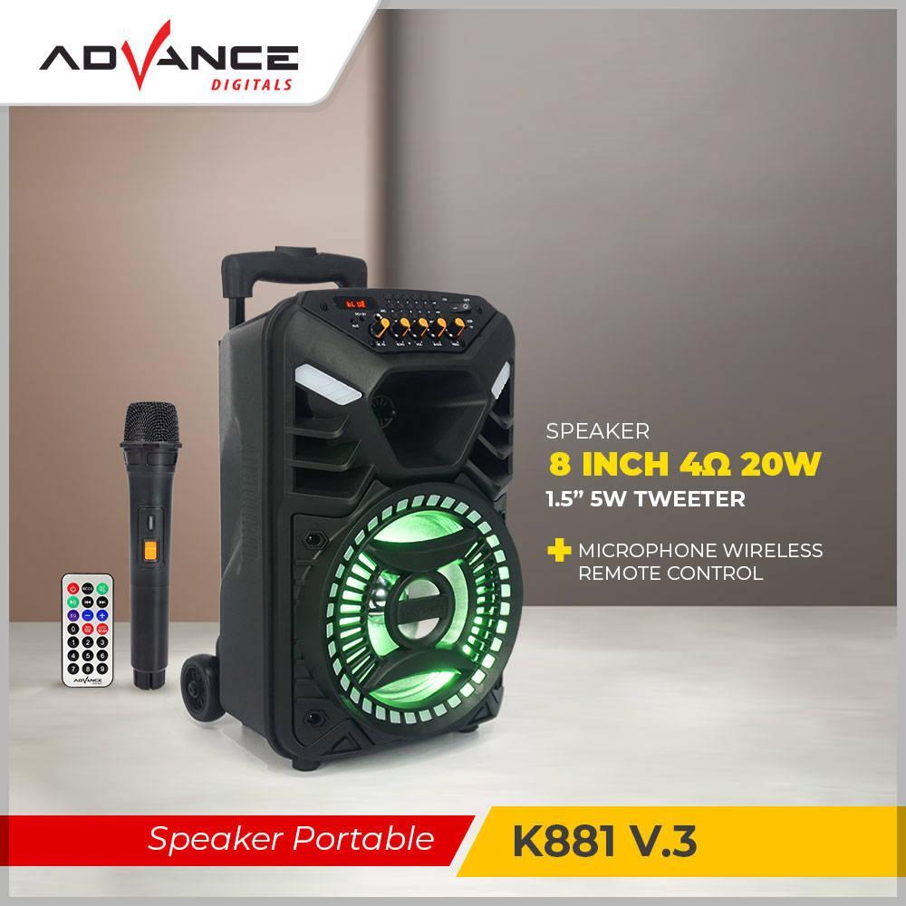 Advance Digitals K881 Speaker Portable 8" Plus 2 Mic Wireless Karaoke Led Speaker Bluetooth Garansi 1 Tahun Speaker  Bass