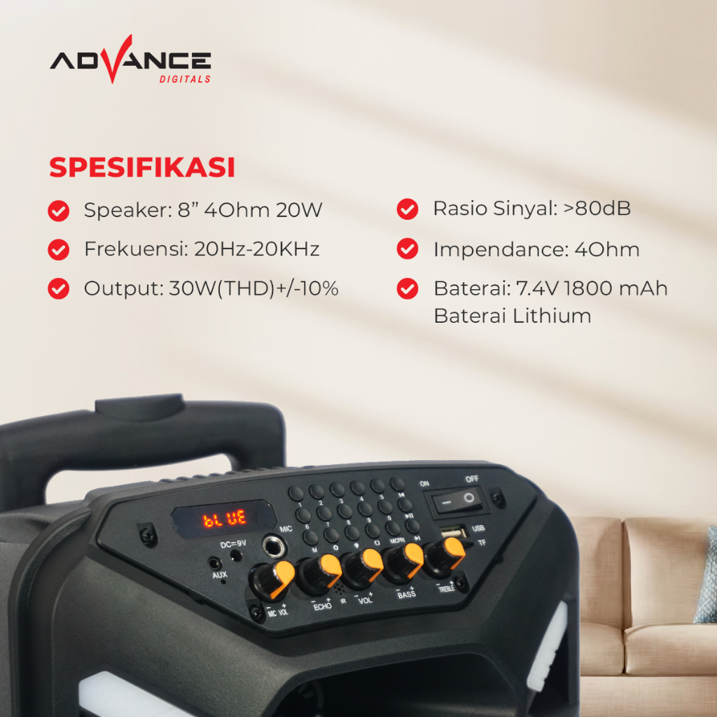Advance Digitals K881 Speaker Portable 8" Plus 2 Mic Wireless Karaoke Led Speaker Bluetooth Garansi 1 Tahun Speaker  Bass
