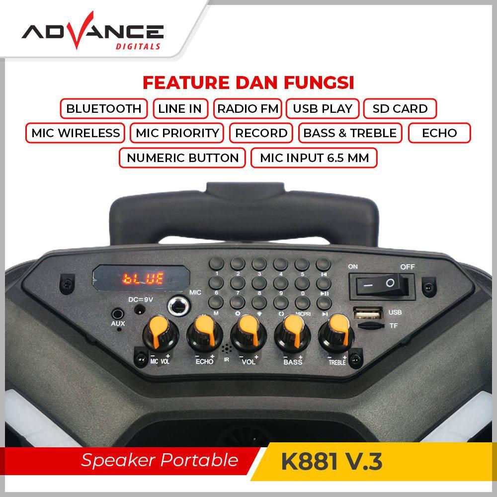 Advance Digitals K881 Speaker Portable 8" Plus 2 Mic Wireless Karaoke Led Speaker Bluetooth Garansi 1 Tahun Speaker  Bass