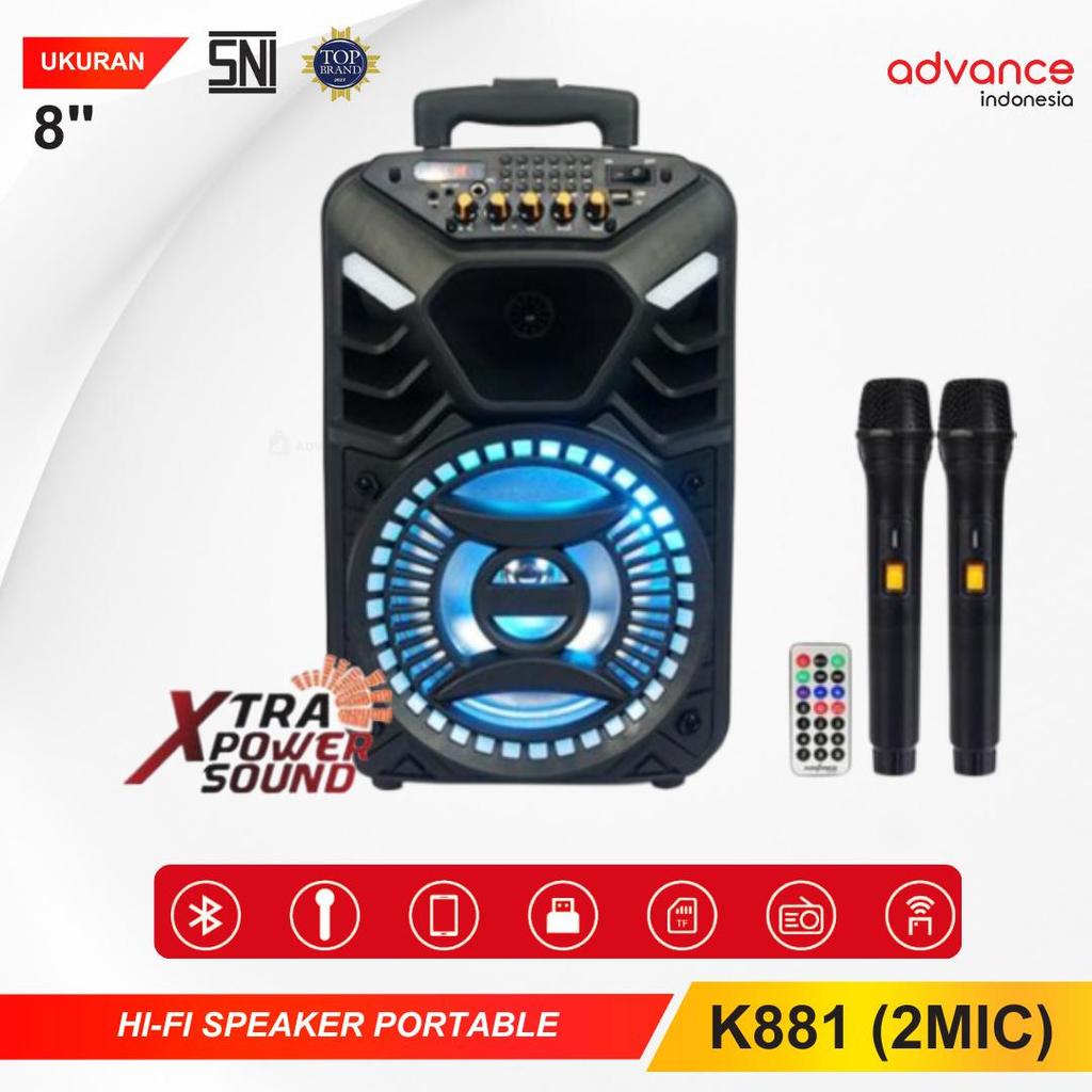 Advance Digitals K881 Speaker Portable 8" Plus 2 Mic Wireless Karaoke Led Speaker Bluetooth Garansi 1 Tahun Speaker  Bass