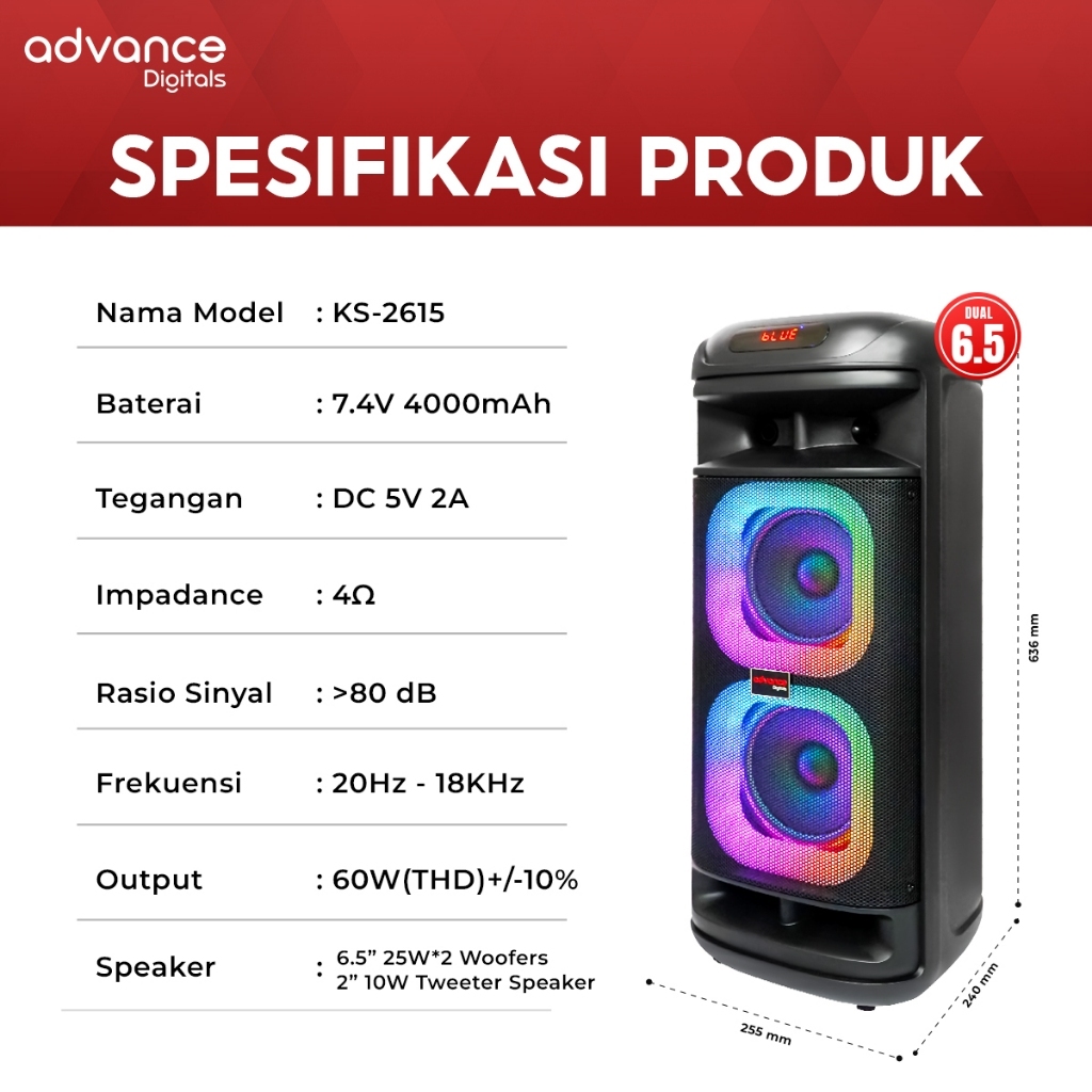 Advance Digitals KS-2615 Speaker Bluetooh Portable 6.5" Double Speaker 2 Mic Wireless Garansi Resmi 1 tahun Bluetooth Bass