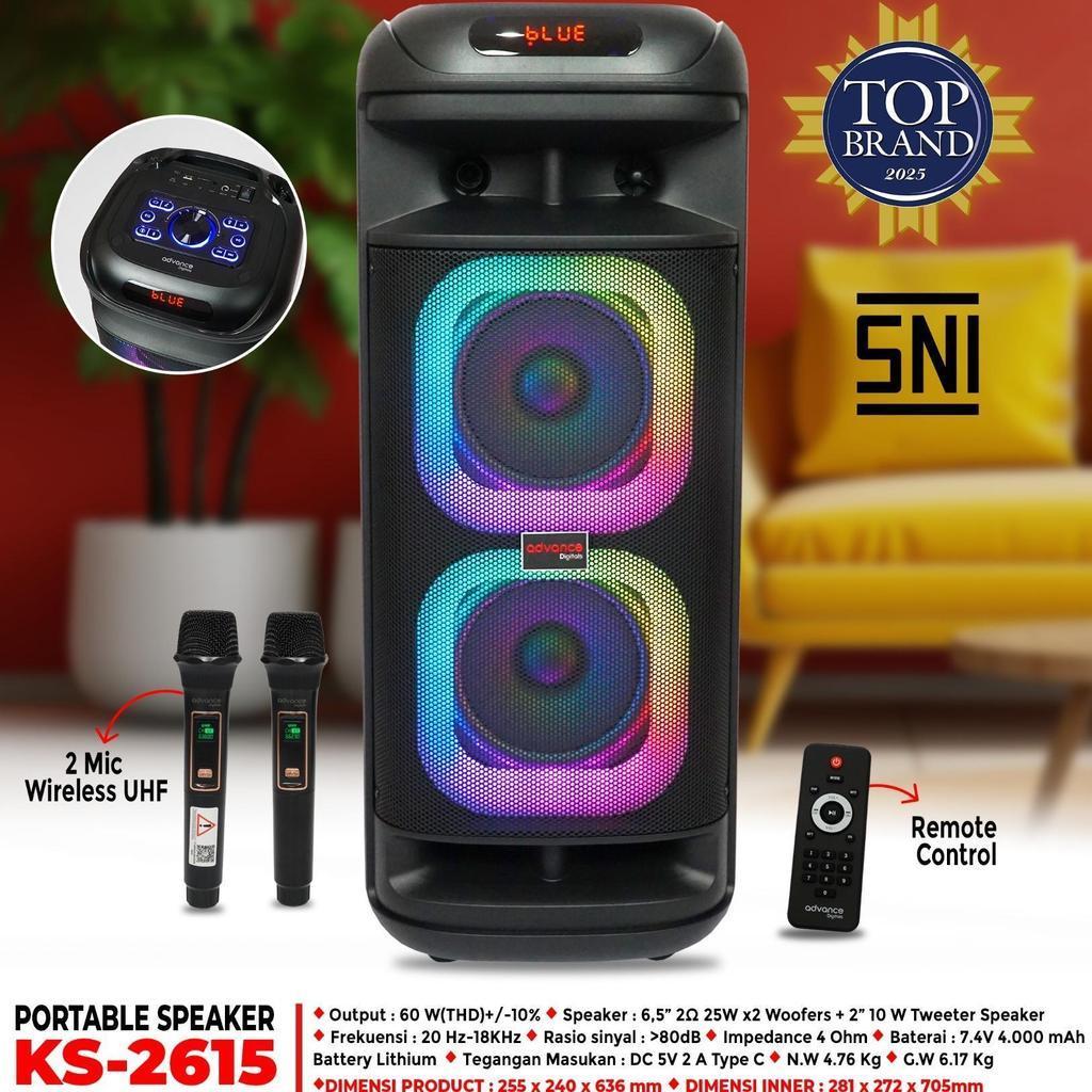 Advance Digitals KS-2615 Speaker Bluetooh Portable 6.5" Double Speaker 2 Mic Wireless Garansi Resmi 1 tahun Bluetooth Bass