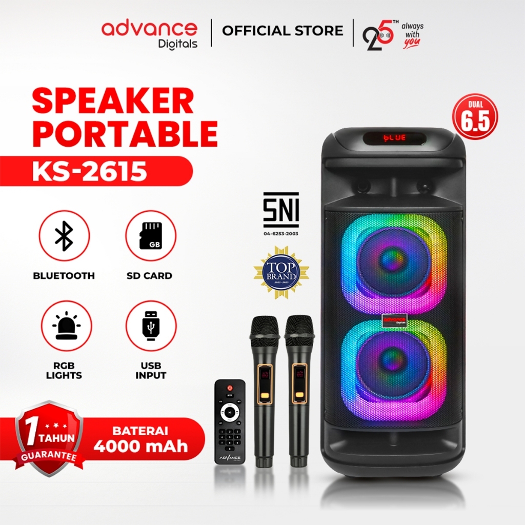 Advance Digitals KS-2615 Speaker Bluetooh Portable 6.5" Double Speaker 2 Mic Wireless Garansi Resmi 1 tahun Bluetooth Bass
