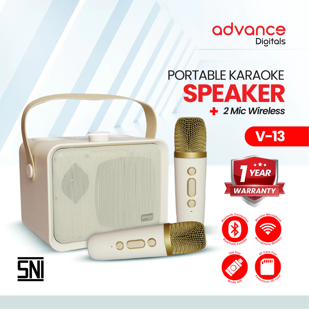 Advance Digitals V-13 Speaker Lampu Karaoke Bass Plus 2 Mic Wireless Bluetooth Speaker USB Speaker Komputer