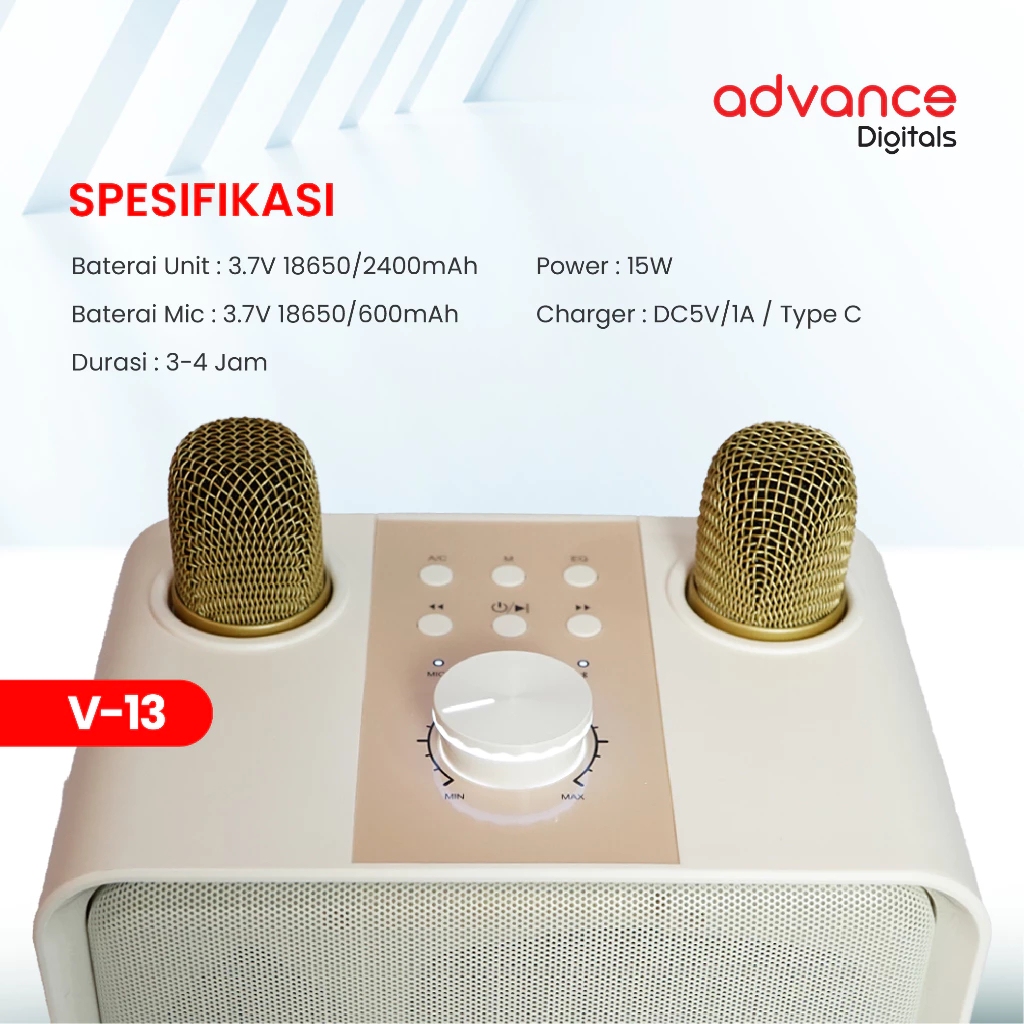 Advance Digitals V-13 Speaker Lampu Karaoke Bass Plus 2 Mic Wireless Bluetooth Speaker USB Speaker Komputer