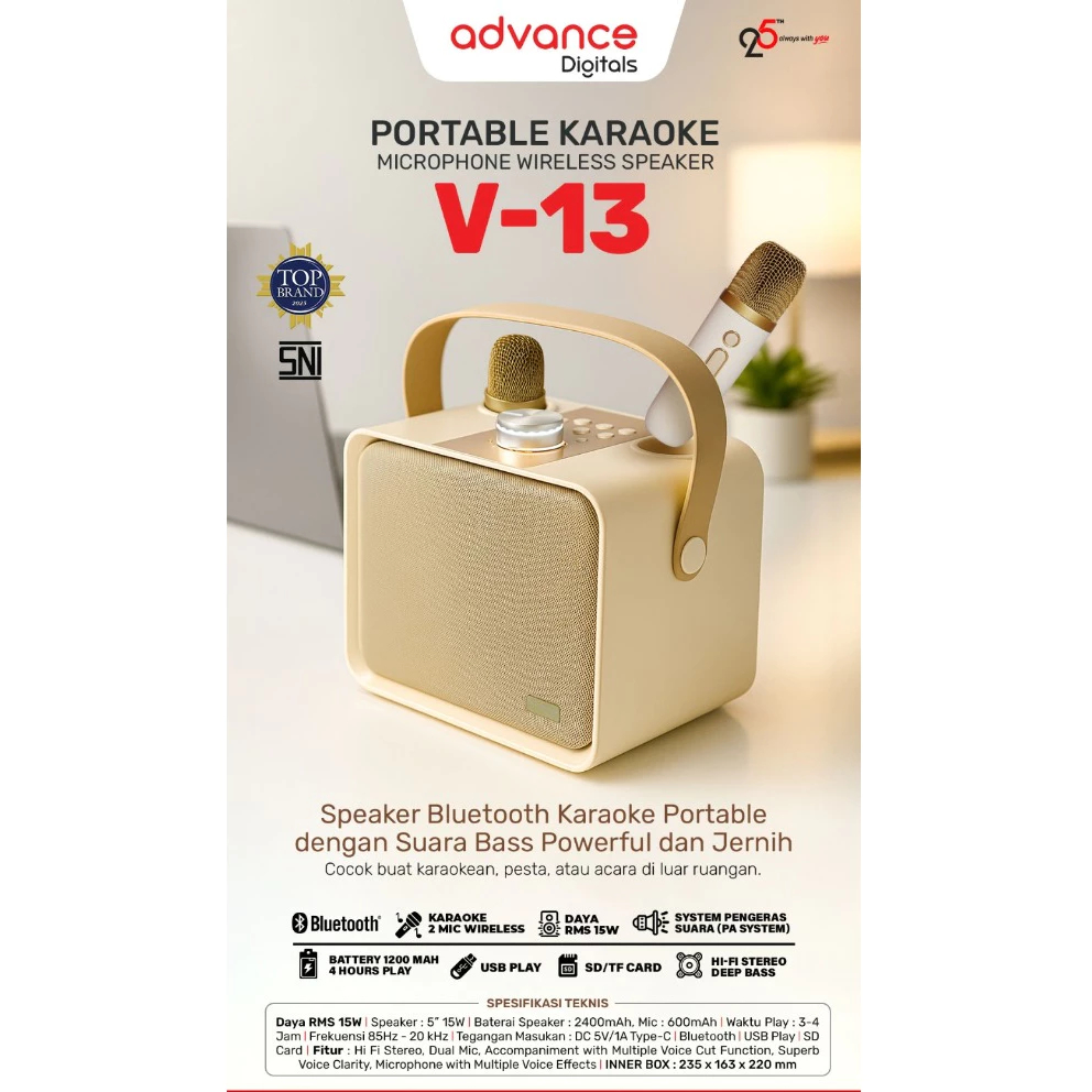 Advance Digitals V-13 Speaker Lampu Karaoke Bass Plus 2 Mic Wireless Bluetooth Speaker USB Speaker Komputer