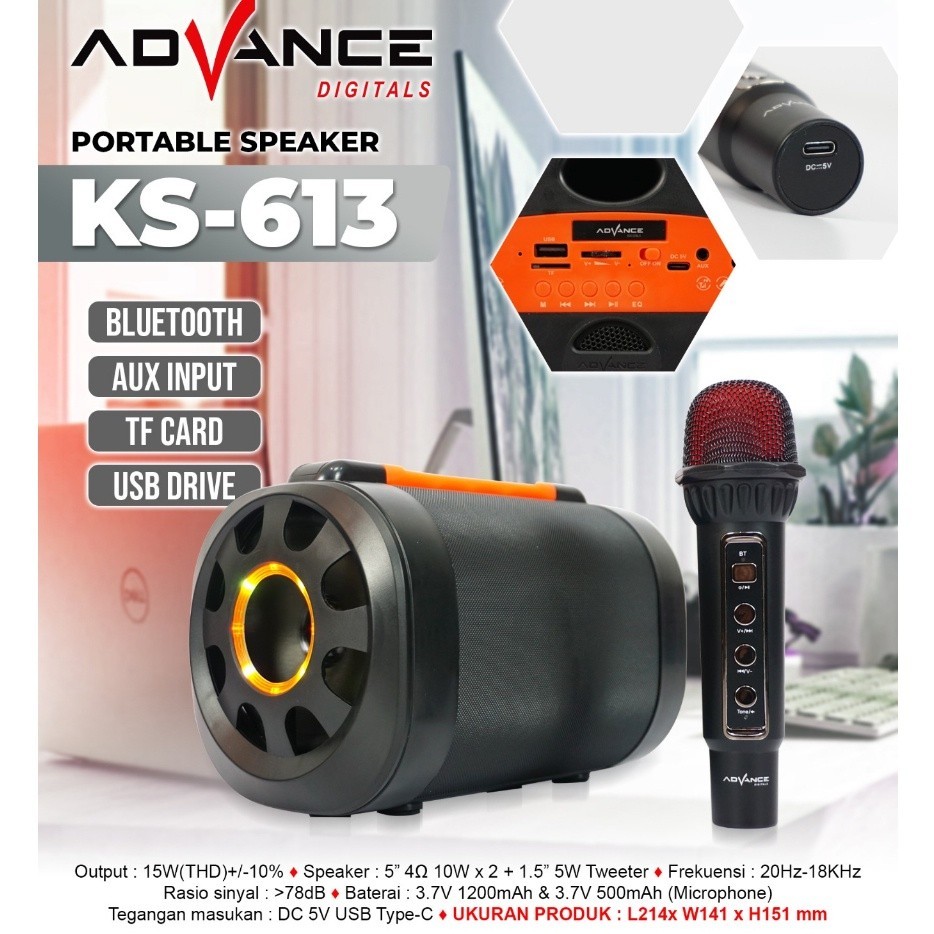 Advance Digitals KS-613 Speaker Bluetooth Portable With Mic Wireless Karaoke Recharger USB Garansi Resmi 1 Tahun