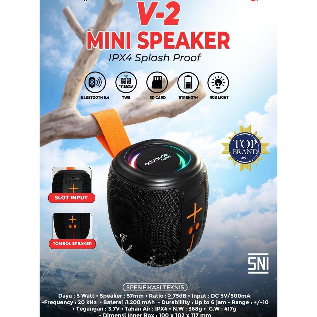 Advance Digitals V-2 Mini Bluetooth Speaker TWS RGB Light IPX4 Splash Proof Portable Speaker SD Card Garansi 1 Tahun