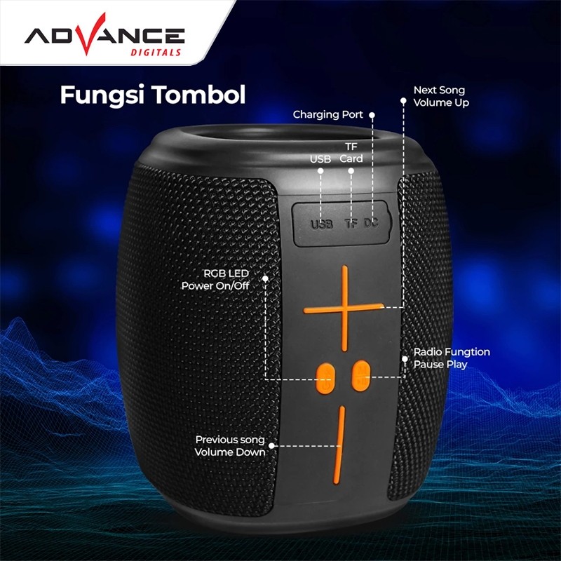 Advance Digitals V-2 Mini Bluetooth Speaker TWS RGB Light IPX4 Splash Proof Portable Speaker SD Card Garansi 1 Tahun