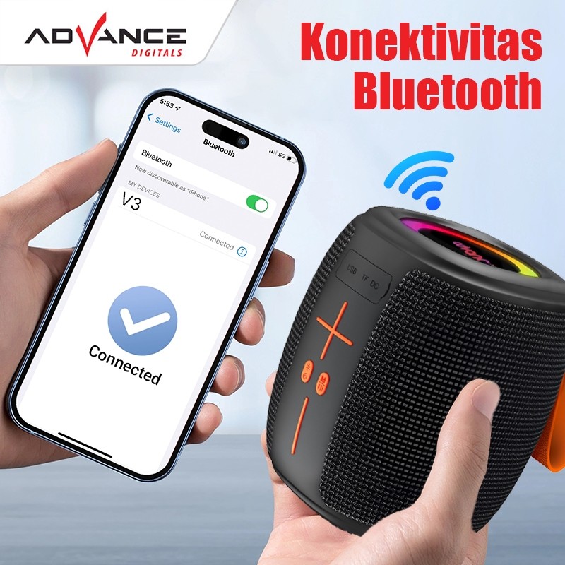 Advance Digitals V-2 Mini Bluetooth Speaker TWS RGB Light IPX4 Splash Proof Portable Speaker SD Card Garansi 1 Tahun