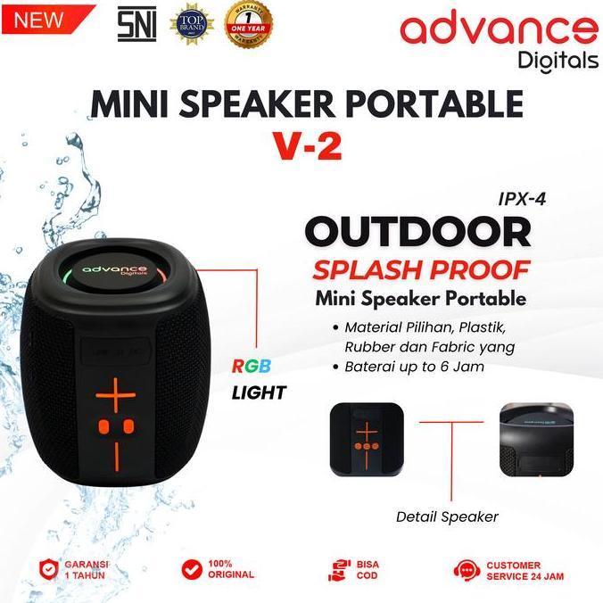 Advance Digitals V-2 Mini Bluetooth Speaker TWS RGB Light IPX4 Splash Proof Portable Speaker SD Card Garansi 1 Tahun