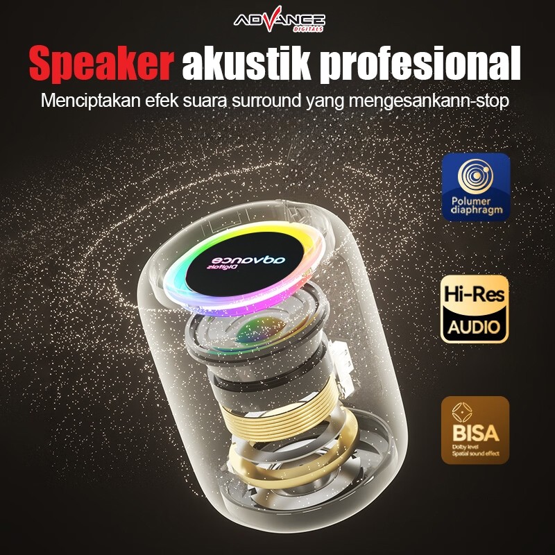 Advance Digitals V-2 Mini Bluetooth Speaker TWS RGB Light IPX4 Splash Proof Portable Speaker SD Card Garansi 1 Tahun