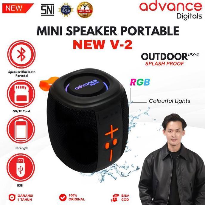 Advance Digitals V-2 Mini Bluetooth Speaker TWS RGB Light IPX4 Splash Proof Portable Speaker SD Card Garansi 1 Tahun