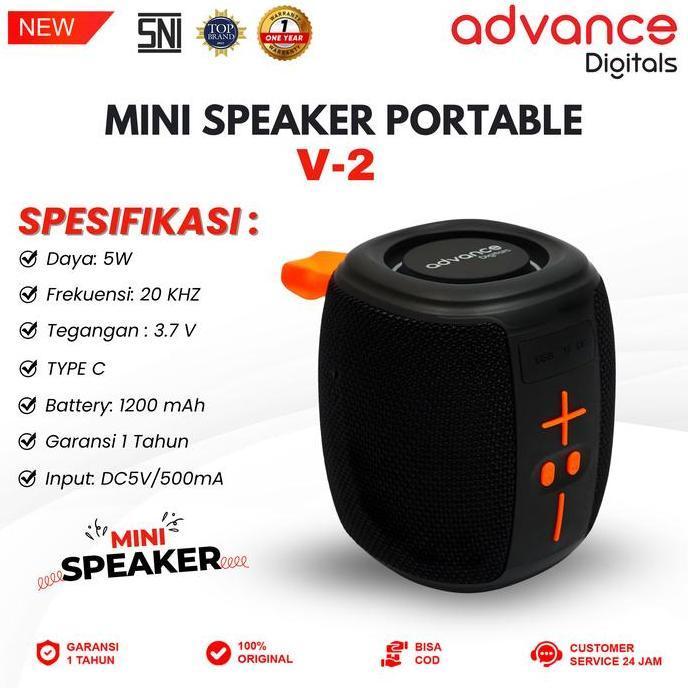 Advance Digitals V-2 Mini Bluetooth Speaker TWS RGB Light IPX4 Splash Proof Portable Speaker SD Card Garansi 1 Tahun