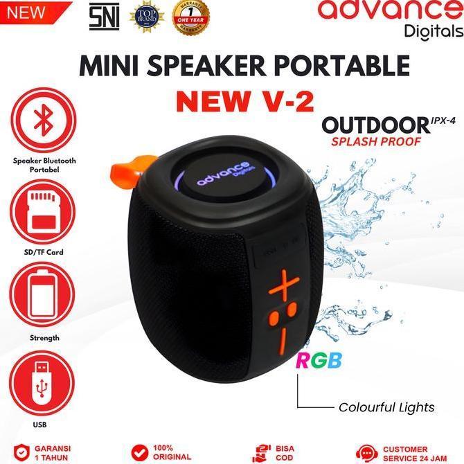 Advance Digitals V-2 Mini Bluetooth Speaker TWS RGB Light IPX4 Splash Proof Portable Speaker SD Card Garansi 1 Tahun