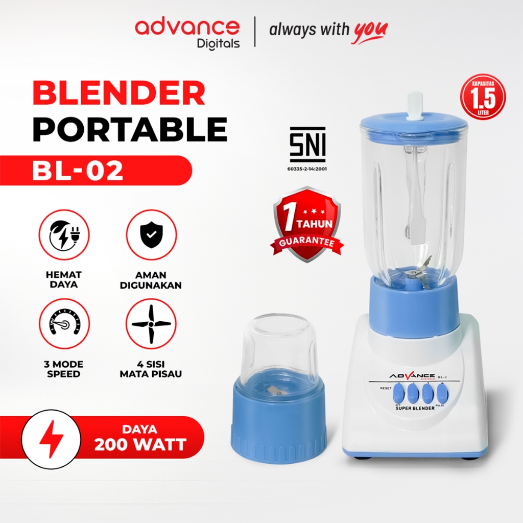 Advance Digitals BL2 Blender Kaca 2in1 Mixer 1.25L Food Masher 4 Mata Pisau Multifungsi Bergaransi  Food chopper