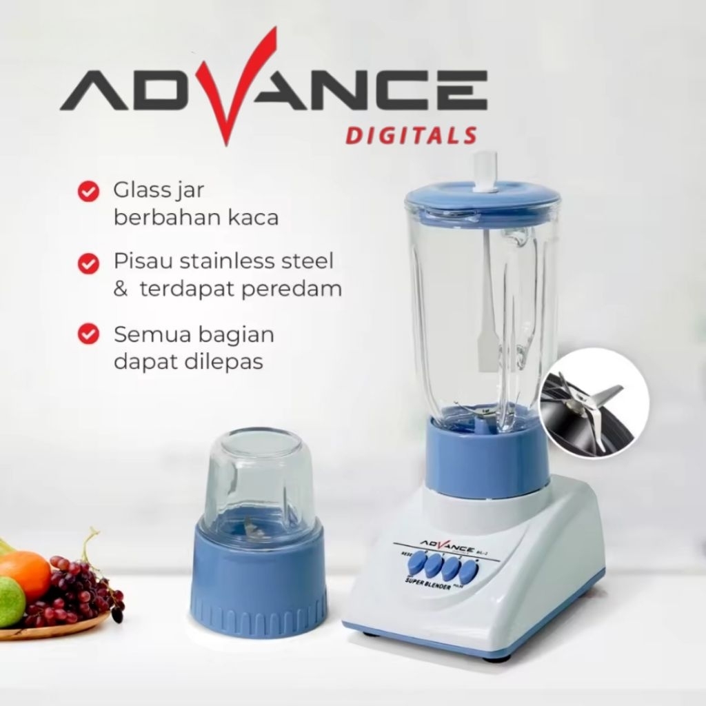Advance Digitals BL2 Blender Kaca 2in1 Mixer 1.25L Food Masher 4 Mata Pisau Multifungsi Bergaransi  Food chopper
