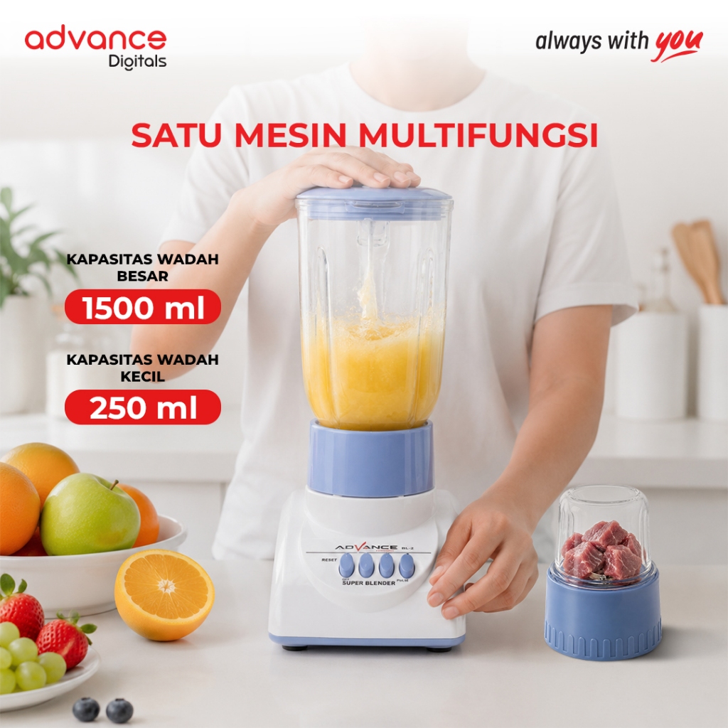 Advance Digitals BL2 Blender Kaca 2in1 Mixer 1.25L Food Masher 4 Mata Pisau Multifungsi Bergaransi  Food chopper