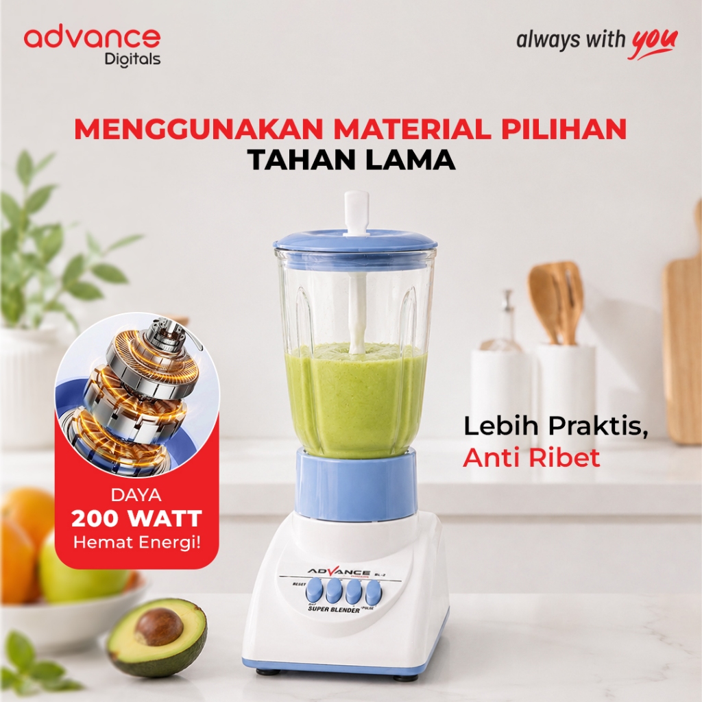 Advance Digitals BL2 Blender Kaca 2in1 Mixer 1.25L Food Masher 4 Mata Pisau Multifungsi Bergaransi  Food chopper