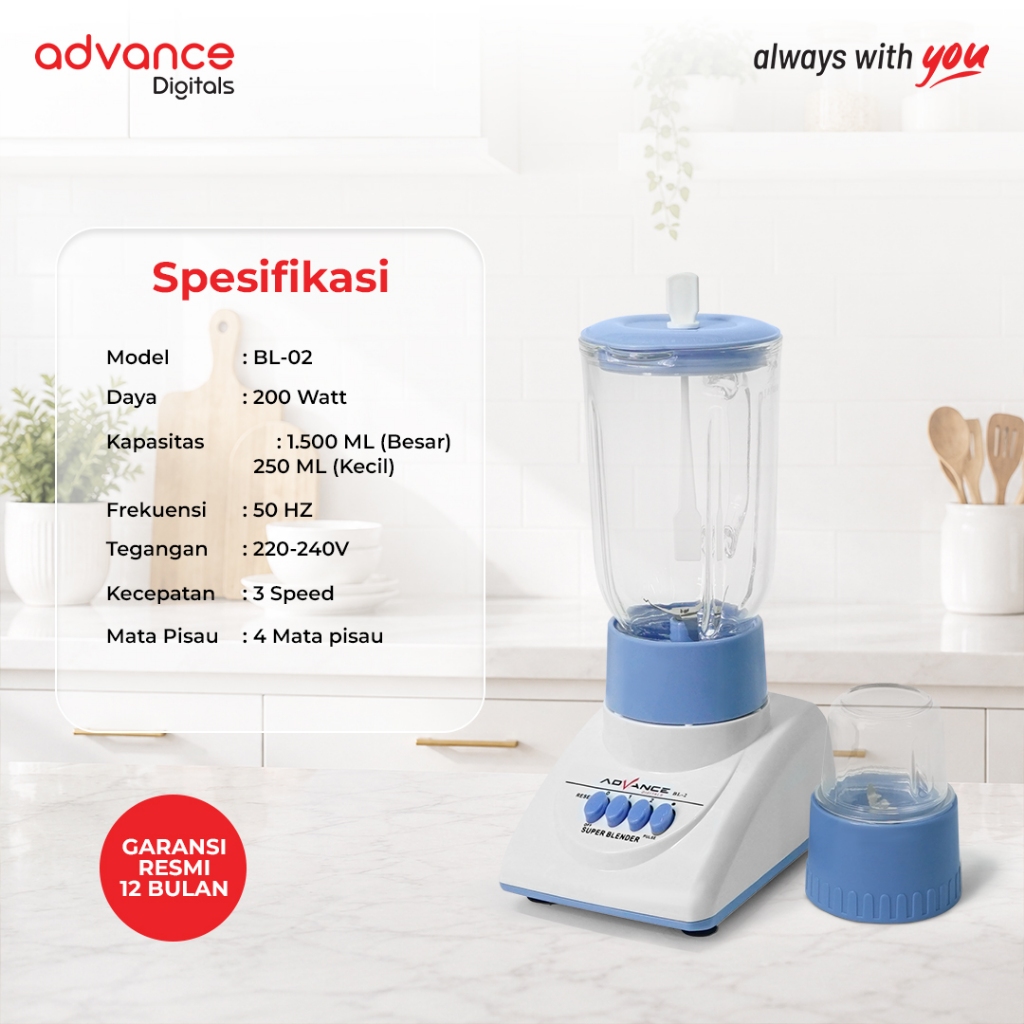 Advance Digitals BL2 Blender Kaca 2in1 Mixer 1.25L Food Masher 4 Mata Pisau Multifungsi Bergaransi  Food chopper