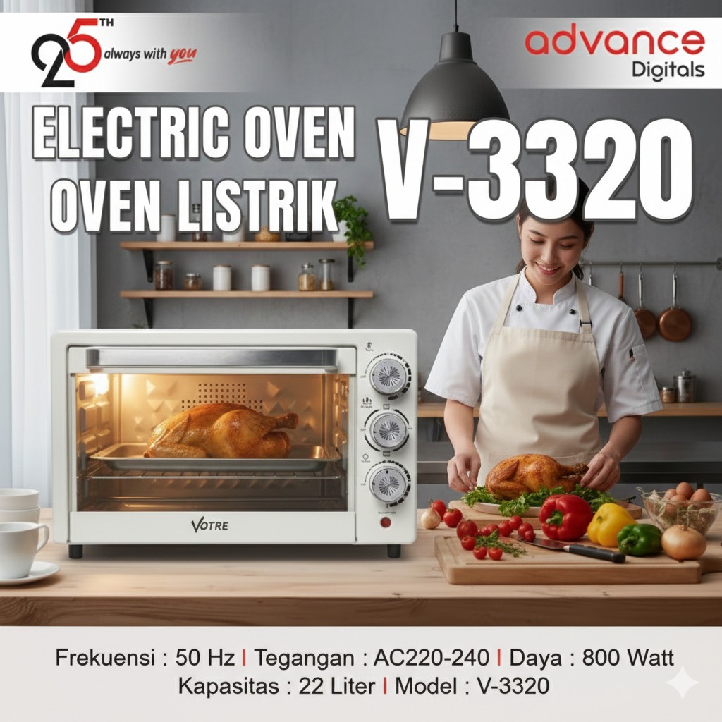 VOTRE V-3320 Electric Oven 22 Liter Oven Listrik 800 Watt Baki Nampan Rak Kawat Interior Dilapisi Galvanis Garansi Resmi 1 Tahun