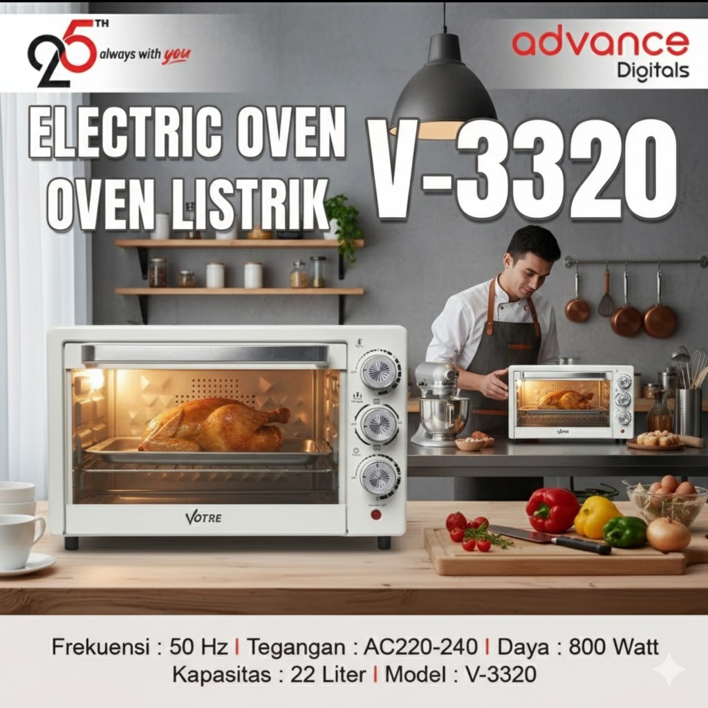 VOTRE V-3320 Electric Oven 22 Liter Oven Listrik 800 Watt Baki Nampan Rak Kawat Interior Dilapisi Galvanis Garansi Resmi 1 Tahun
