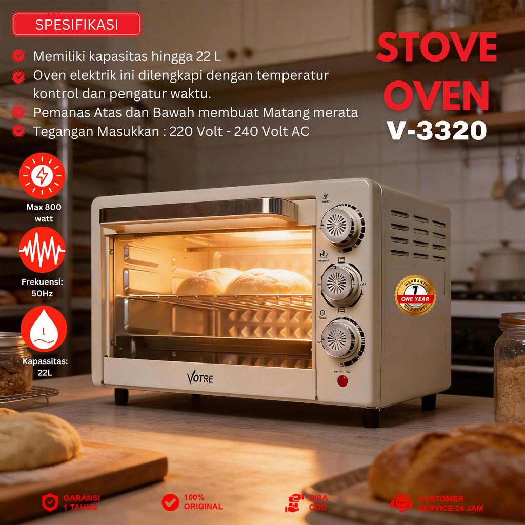 VOTRE V-3320 Electric Oven 22 Liter Oven Listrik 800 Watt Baki Nampan Rak Kawat Interior Dilapisi Galvanis Garansi Resmi 1 Tahun