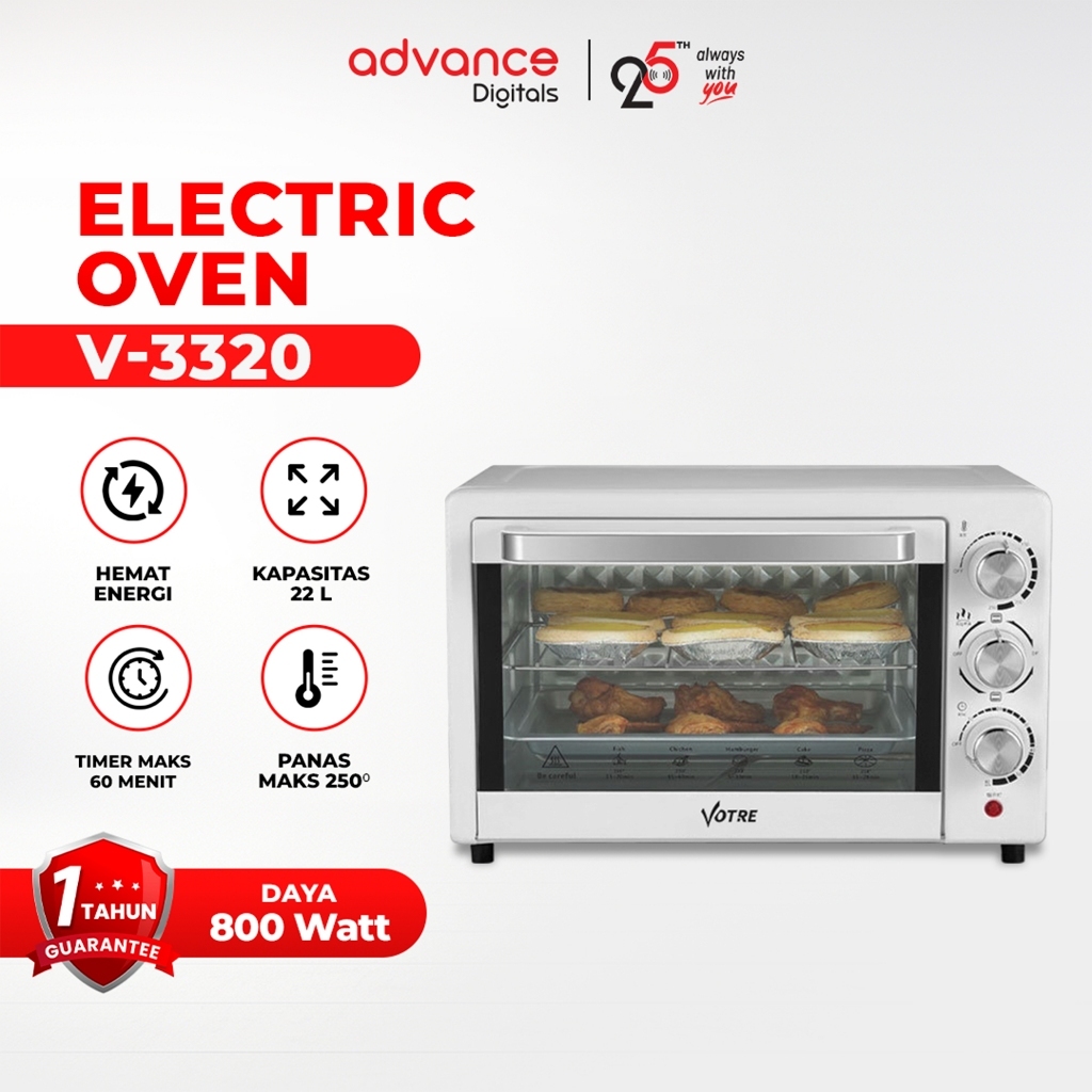 VOTRE V-3320 Electric Oven 22 Liter Oven Listrik 800 Watt Baki Nampan Rak Kawat Interior Dilapisi Galvanis Garansi Resmi 1 Tahun