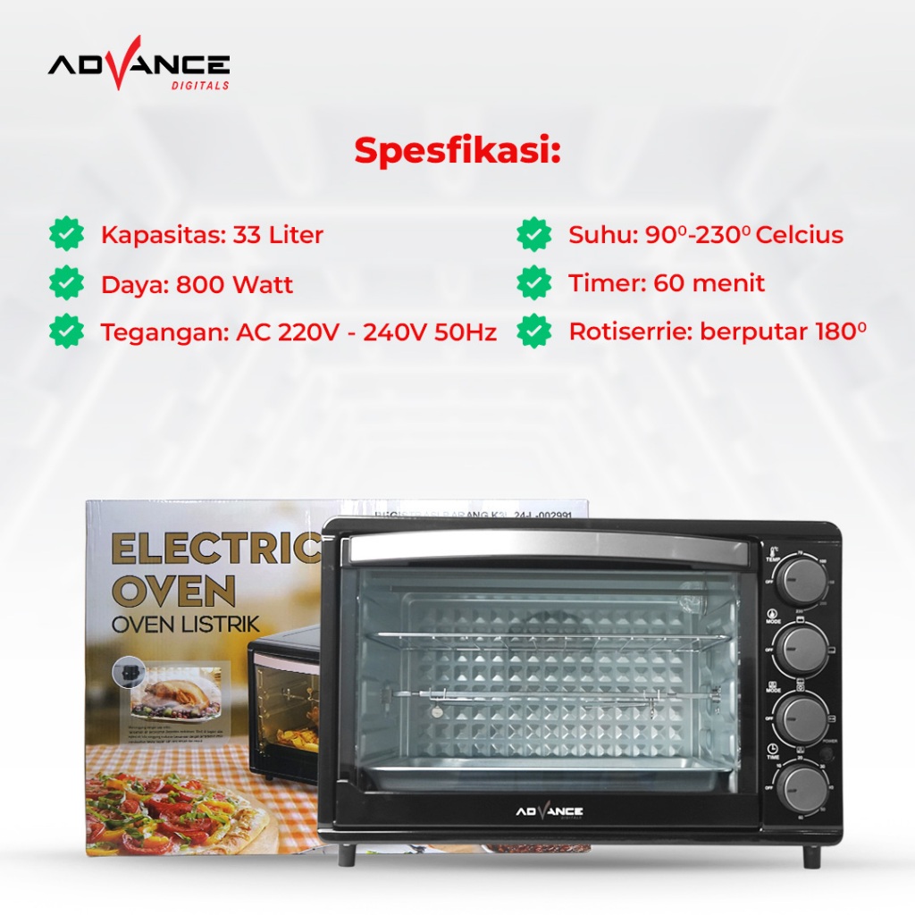 Advance Digitals AOV-600 Oven Listrik 33 Liter Big Oven Listrik 800 W Ayam Bakar 360° rotasi Panggang secara merata Pemanas Atas Bawah Garansi 1 Tahun