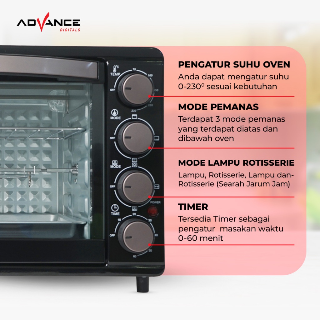 Advance Digitals AOV-600 Oven Listrik 33 Liter Big Oven Listrik 800 W Ayam Bakar 360° rotasi Panggang secara merata Pemanas Atas Bawah Garansi 1 Tahun