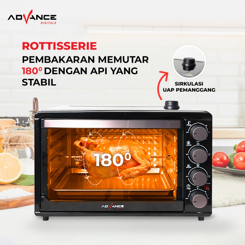 Advance Digitals AOV-600 Oven Listrik 33 Liter Big Oven Listrik 800 W Ayam Bakar 360° rotasi Panggang secara merata Pemanas Atas Bawah Garansi 1 Tahun