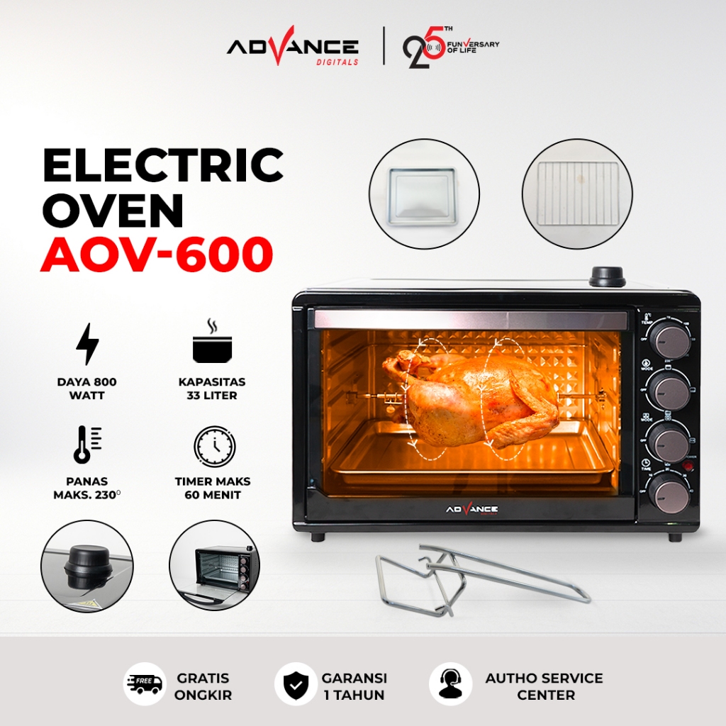 Advance Digitals AOV-600 Oven Listrik 33 Liter Big Oven Listrik 800 W Ayam Bakar 360° rotasi Panggang secara merata Pemanas Atas Bawah Garansi 1 Tahun