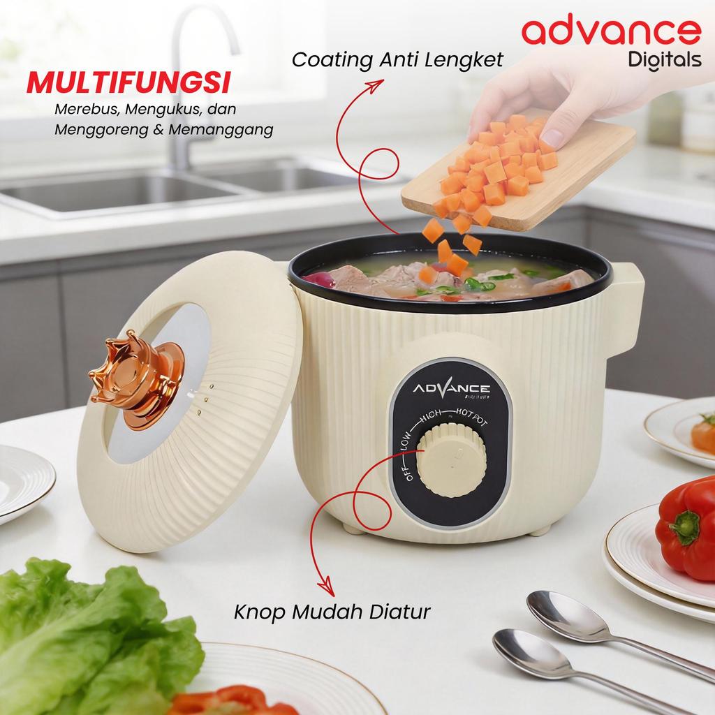 Advance Digitals C-370 Warmer Steamer Cooker / Panci Elektrik 1.25 Liter 400-600 Watt Garansi Resmi 1 Tahun Kabel Listrik Pink
