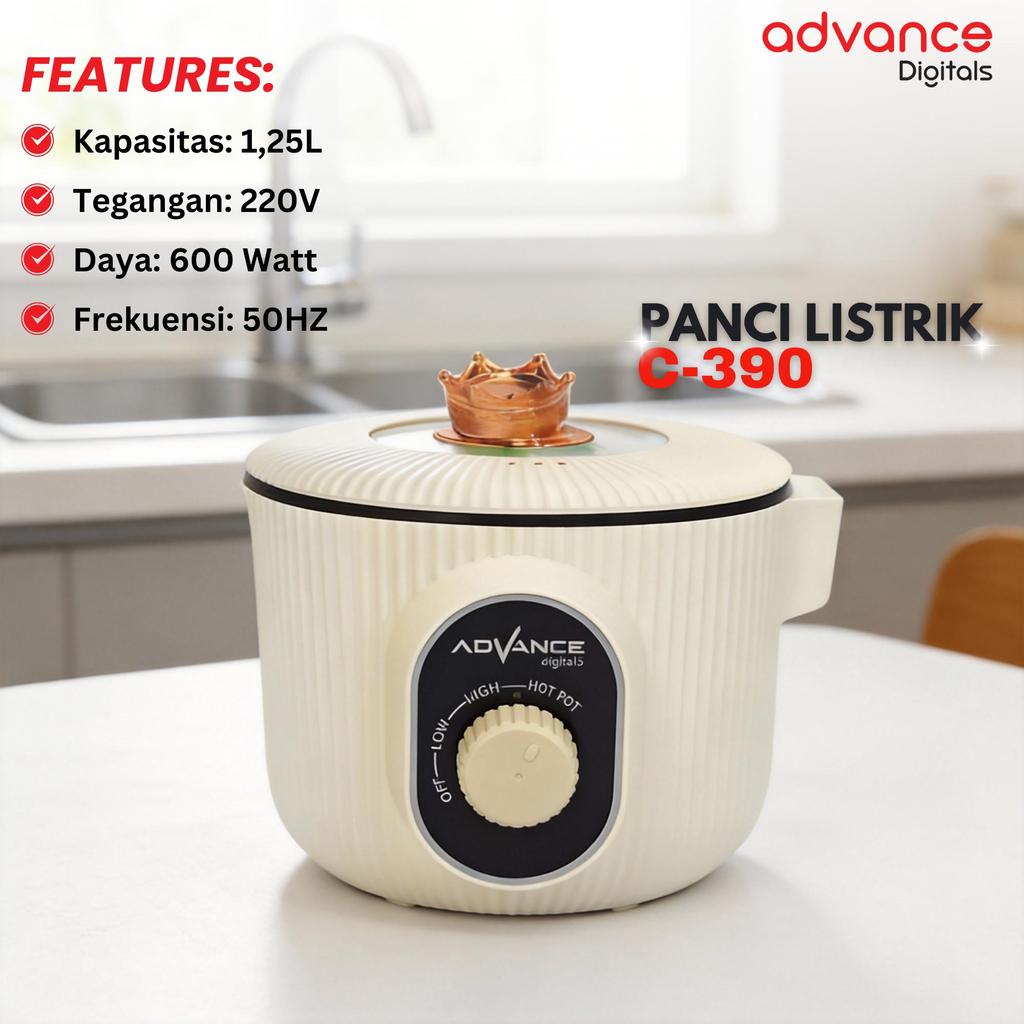 Advance Digitals C-370 Warmer Steamer Cooker / Panci Elektrik 1.25 Liter 400-600 Watt Garansi Resmi 1 Tahun Kabel Listrik Pink