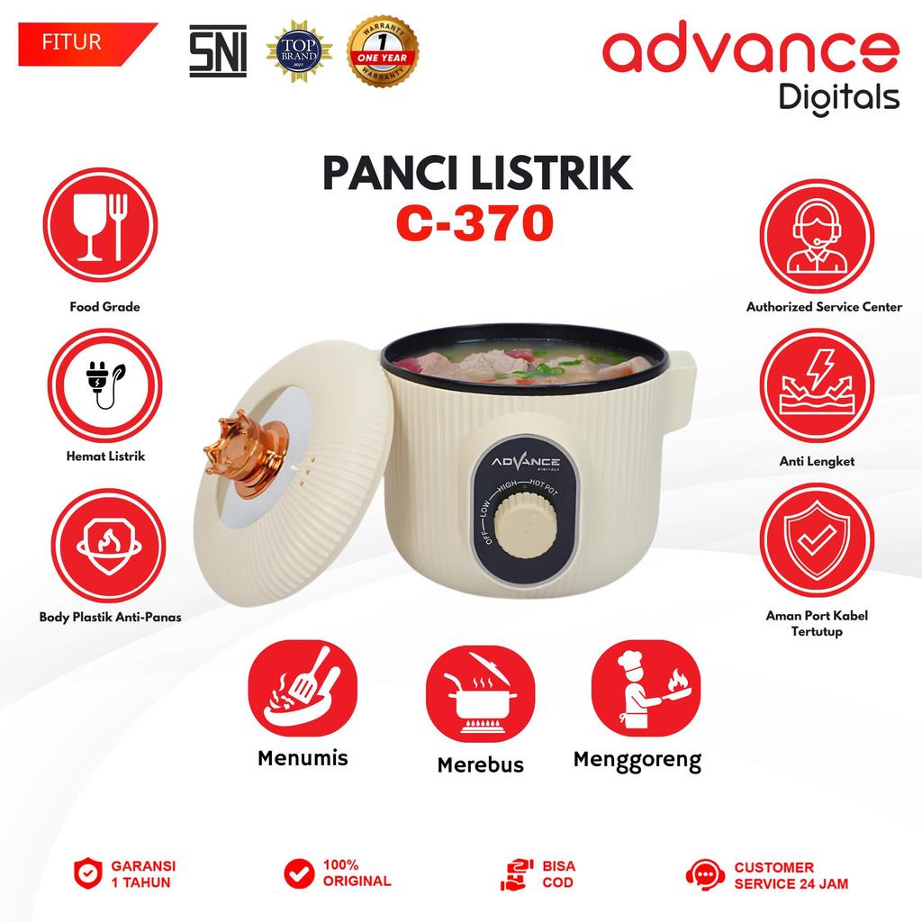 Advance Digitals C-370 Warmer Steamer Cooker / Panci Elektrik 1.25 Liter 400-600 Watt Garansi Resmi 1 Tahun Kabel Listrik Pink