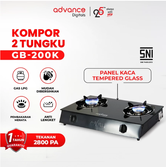 Advance GB-200K Kompor Gas 2 Tungku Kaca Api Biru Bahan Tebal irit Gas Garansi Resmi 1 Tahun