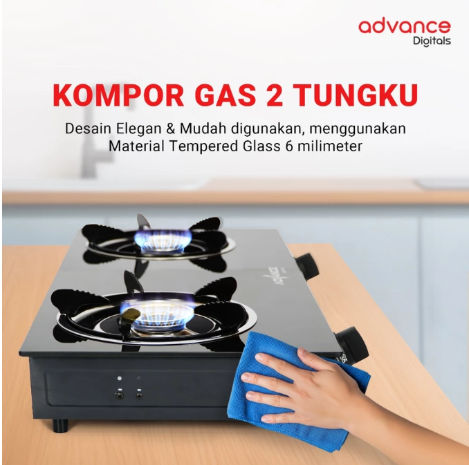 Advance GB-200K Kompor Gas 2 Tungku Kaca Api Biru Bahan Tebal irit Gas Garansi Resmi 1 Tahun